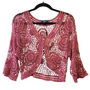 Fairy Mermaidcore Crochet Cardigan XL Sea Coral Pink Metallic Open Knit Shrug